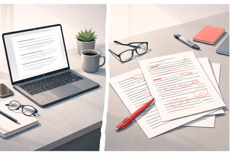 AI 產出的新聞稿與專業編輯紅筆修改的對比