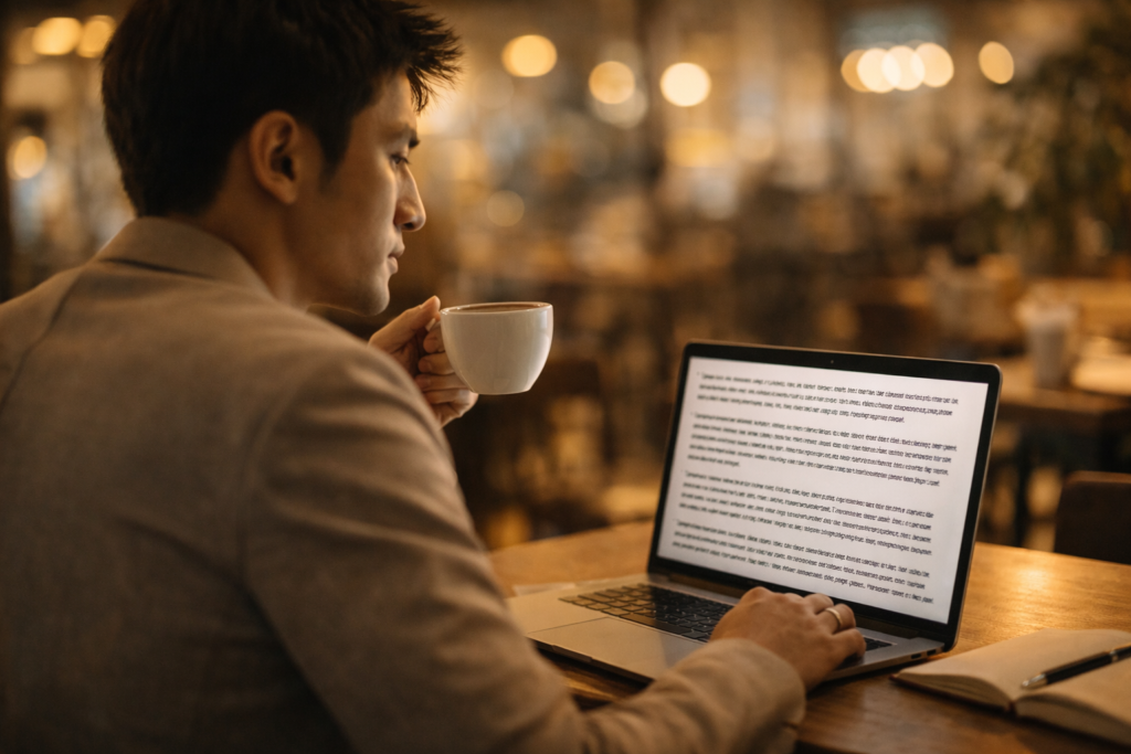 創辦人在咖啡廳用筆電思考個人品牌經營策略
