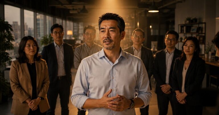 創辦人前景與身後團隊處於同一道光中，象徵創辦人品牌與公司本業彼此連結、共同累積信任資產