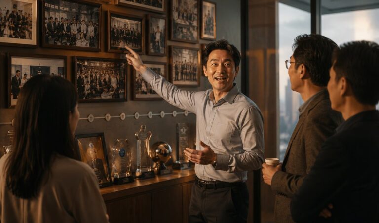 一位四十多歲的創辦人站在辦公室牆前,興高采烈地指著牆上滿是創業歷程的合照與一整排獎盃,向身旁同事介紹;右側落地窗外是城市天際線。暖金色電影感,呈現「品牌故事只顧著講自己的過去與成就」這個常見痛點場景。