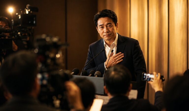 一位四十多歲的企業負責人穿白襯衫,神情沉穩坦然地正面站立、準備開口面對前方,背景是略微模糊的會議或記者室與在場的人,暖金色電影感光線灑落。畫面傳達危機當下站出來誠實面對、為企業承擔的姿態,沉著而不慌張,呼應信任靠面對累積、而非閃避。