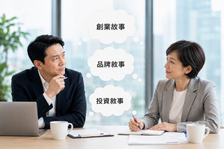 一張寫實的商務照片:一位四十多歲、商務裝扮的創業者坐在整潔的現代辦公桌一側,露出猶豫、懷疑、不確定的神情;桌子另一側是一位四十多歲的女性顧問,專注而溫和地看著他。兩人之間浮著三個對話框,分別寫著「創業故事」「品牌敘事」「投資敘事」,像在權衡卻不知道該用哪一個。明亮自然光、現代簡潔背景柔焦、專業商務攝影感。畫面呼應文章主題:三種敘事面對不同對象,先分清楚這一場該用哪一種。