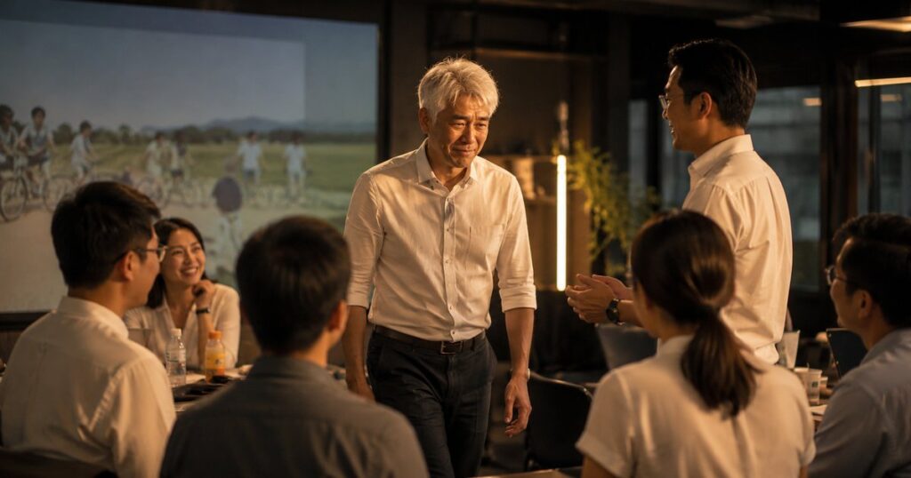 品牌顧問陪跑的成果發表現場：NPO 執行長聽完學員 Pitch 後紅了眼眶、起身向學員小組致意，背景投影特殊生課後活動照片，暖色調暮光紀實畫面，象徵問對問題後「被理解」、信任在一週內成立。