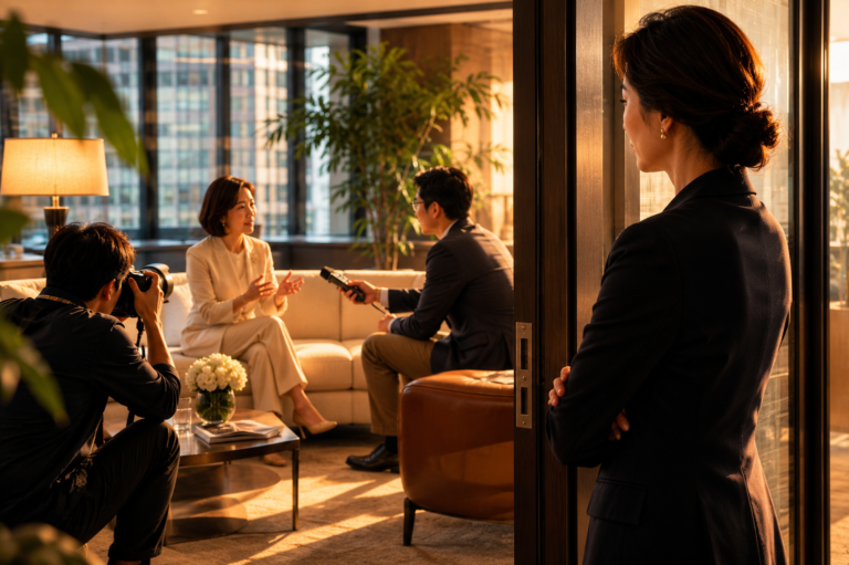 現代辦公室裡,一位 50 多歲、衣著得體的女性董事長坐在沙發上接受採訪,一位 30 多歲男記者拿著錄音筆對她提問,旁邊一位攝影記者蹲低取景。前景門口,一位 50 多歲、身穿專業深色商務套裝的女性企業公關主管站在門外,神情沉鬱地看著這一切。暖金色調、電影感自然光、傳達企業對外設言第一道防線在現場觀察的專業警覺。