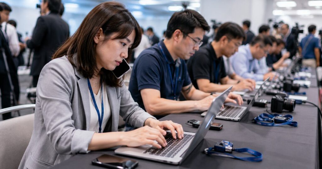 記者會後媒體區，記者們趕稿判斷新聞價值的現場