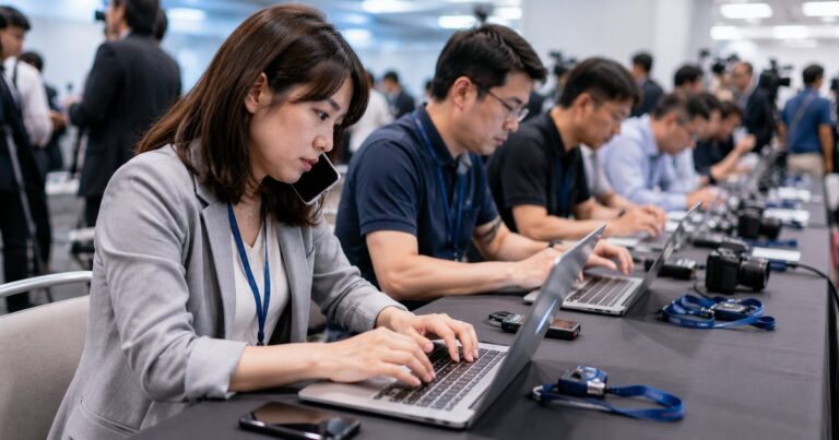 記者會後媒體區,記者們趕稿判斷新聞價值的現場