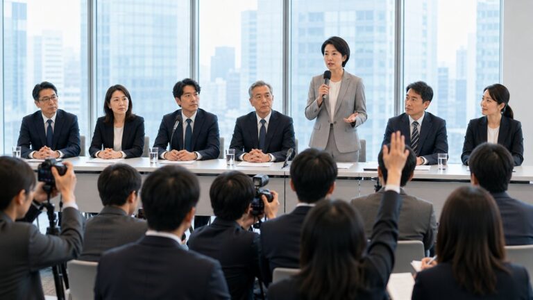 記者會上發言人持麥克風答媒體,最高負責人與各主管坐長桌中央