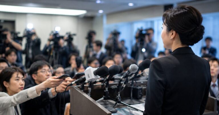 發言人在記者會面對多支麥克風與鏡頭，企業媒體溝通的實戰時刻