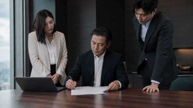 企業負責人親自審閱危機聲明稿草稿，筆電推在一旁