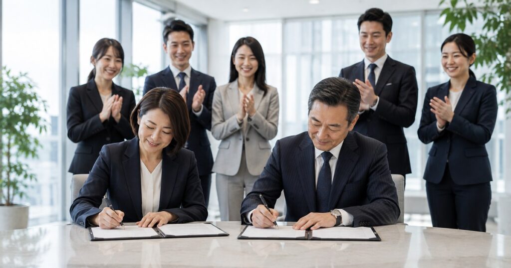 雙方企業代表簽署合約，身後團隊成員鼓掌