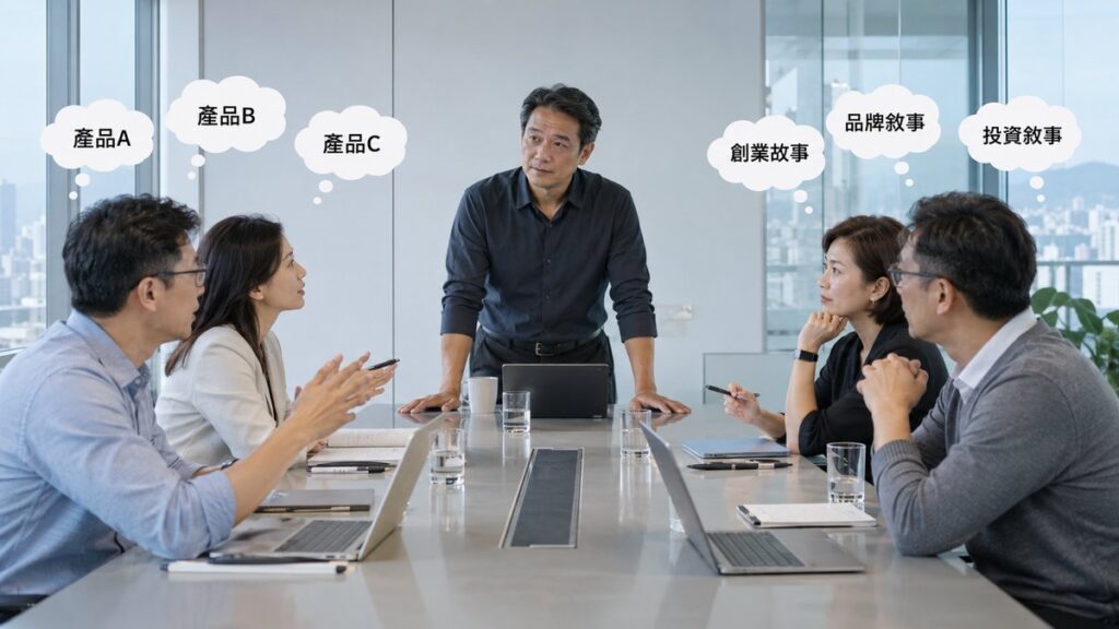創辦人在會議桌窄邊聽四位主管，頭上浮現產品與三種敘事文字雲