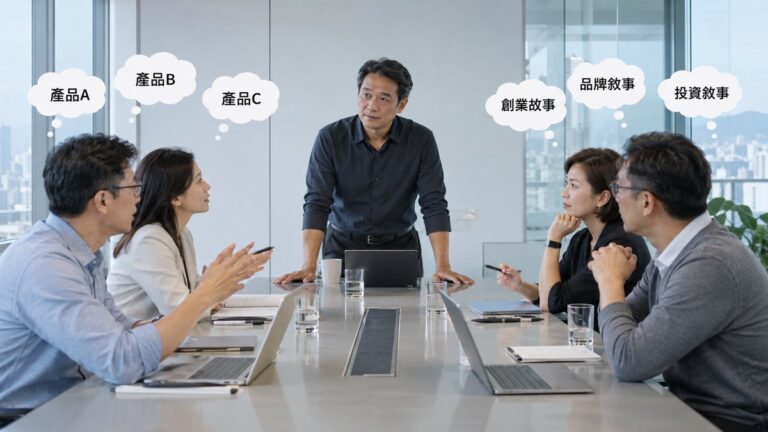 創辦人在會議桌窄邊聽四位主管,頭上浮現產品與三種敘事文字雲