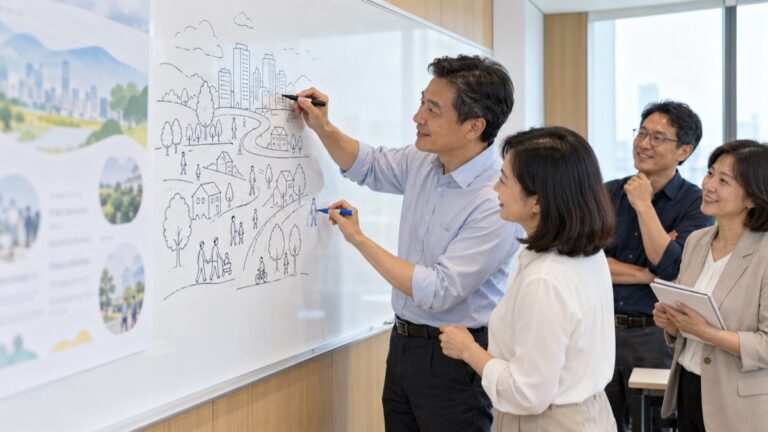 主管在白板畫出企業願景裡的城市與人群