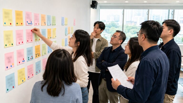 企業共識營現場,團隊在便利貼牆前投票討論品牌方向