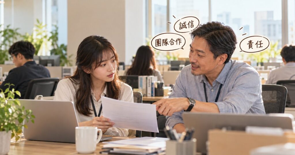 新進同事向資深同事請教如何依企業價值觀判斷