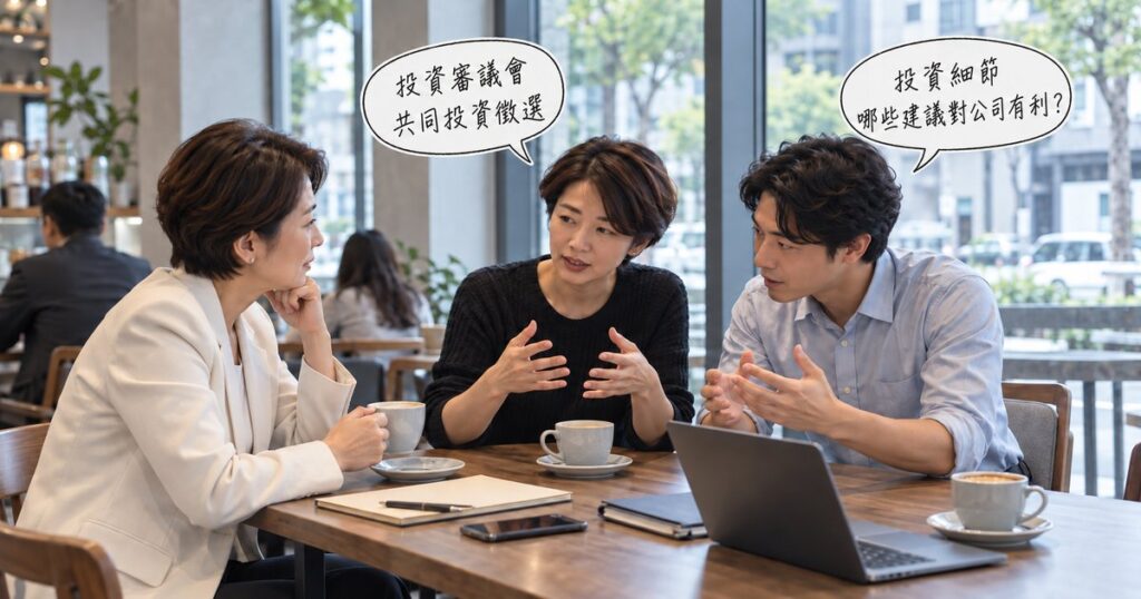 顧問與兩位創辦人喝咖啡討論策略投資人與募資進度