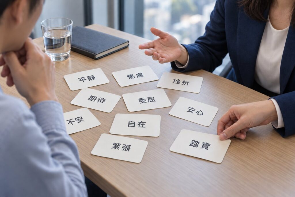 教練對話桌上攤開的情緒卡，練習情緒覺察